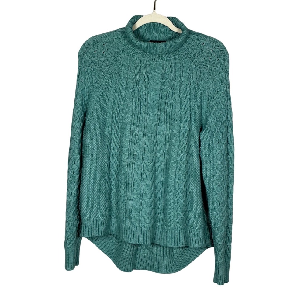 Ann Taylor Teal Green Cable Knit Mock Neck High Low Sweater Size Medium